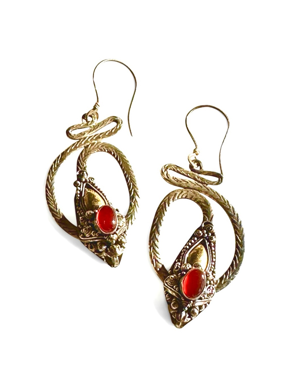 Sterling 925 Silver and Carnelian Dangle Earrings with Ornate Filigree Design